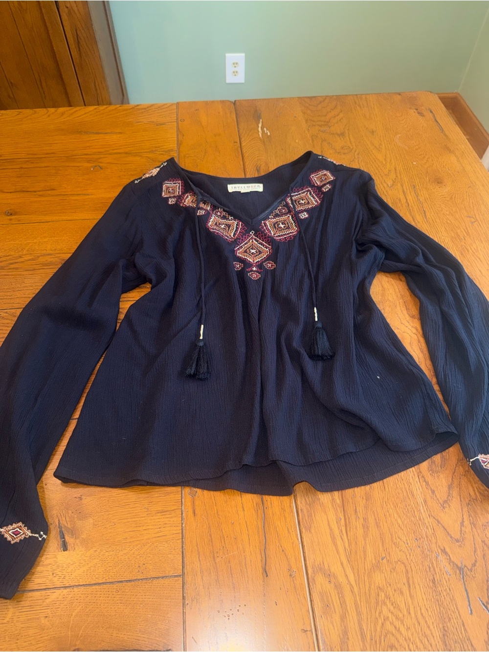 Idyllwind Black Embroidered V-Neck Tassel Long-Sleeve Top